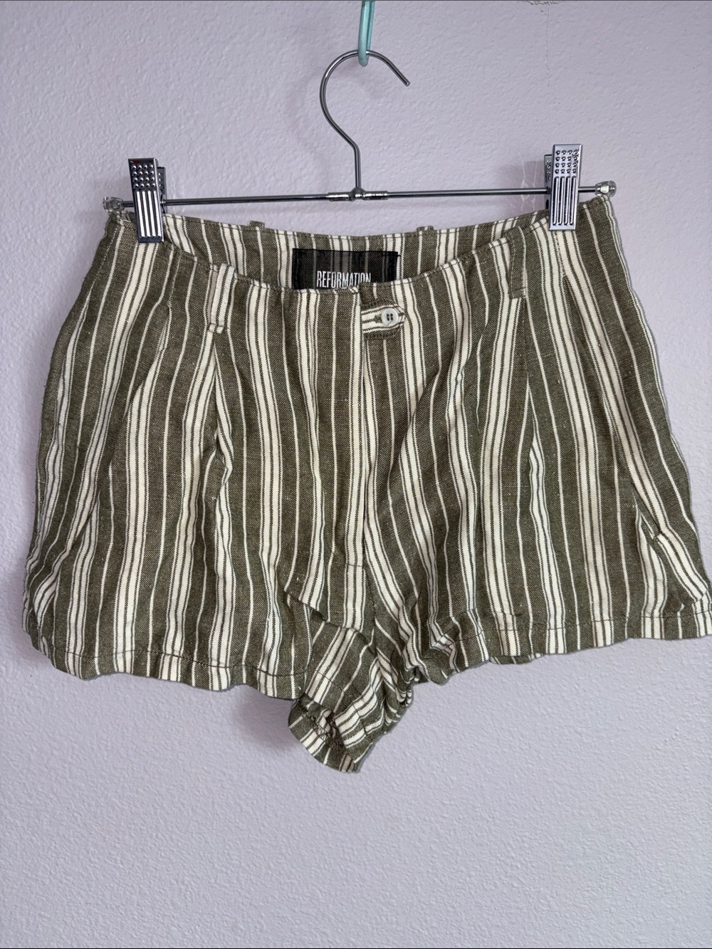 Reformation Olive and Cream Striped Linen Shorts